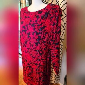80s Floral Silk Dress.  Black and Red.